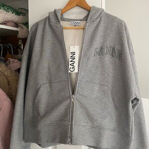 NWT Ganni Light Grey Zip Hoodie with Embroidered Logo